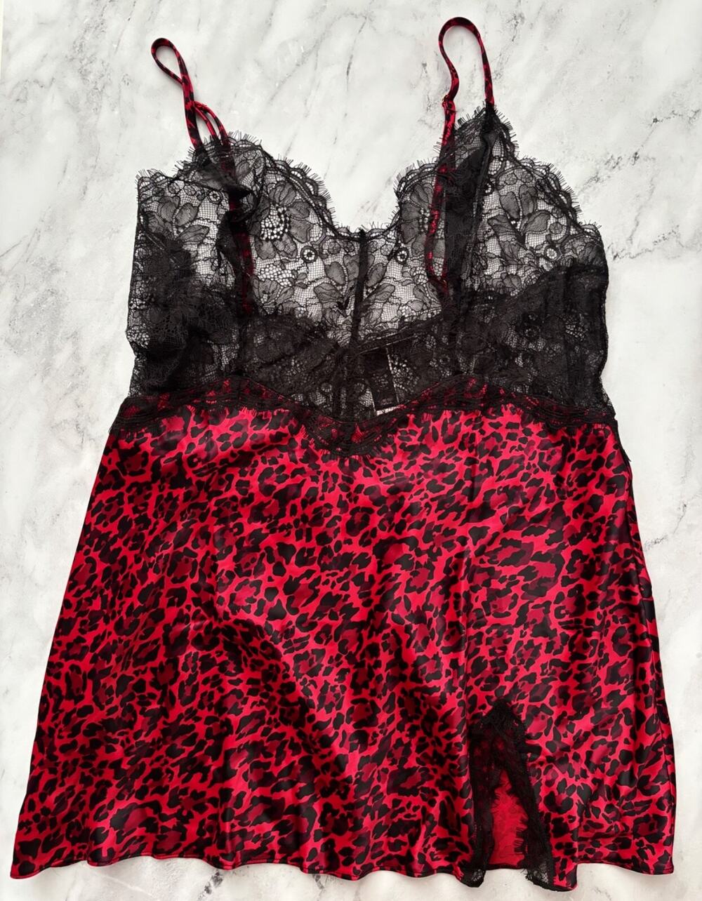 Victoria's Secret Nwt Red Animal Print Satin & Black Lace Mini Slip Dress XL
